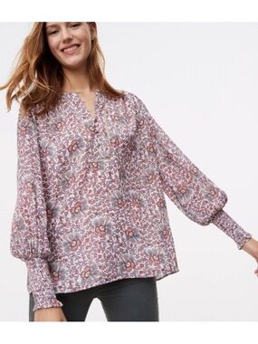 Ann Taylor LOFT Floral Pleated Smocked Cuff Blouse White XXL